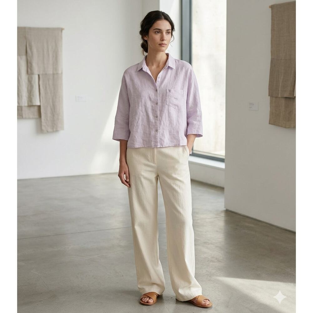 120% Lino Italian Luxury Lavender Linen Button Down Top Minimalist Relaxed Fit S